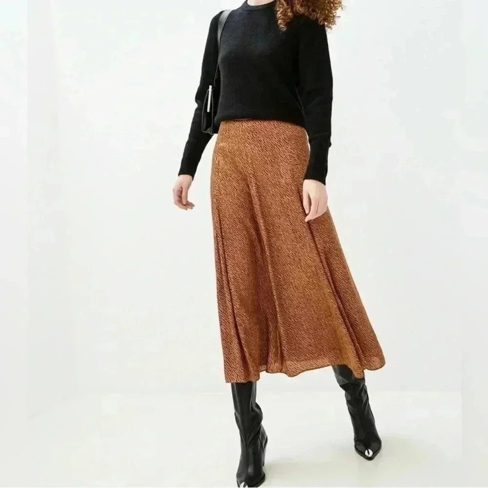 Banana Republic Midi Skirt Satin Godet Tan Brown Black Animal Print Size 0